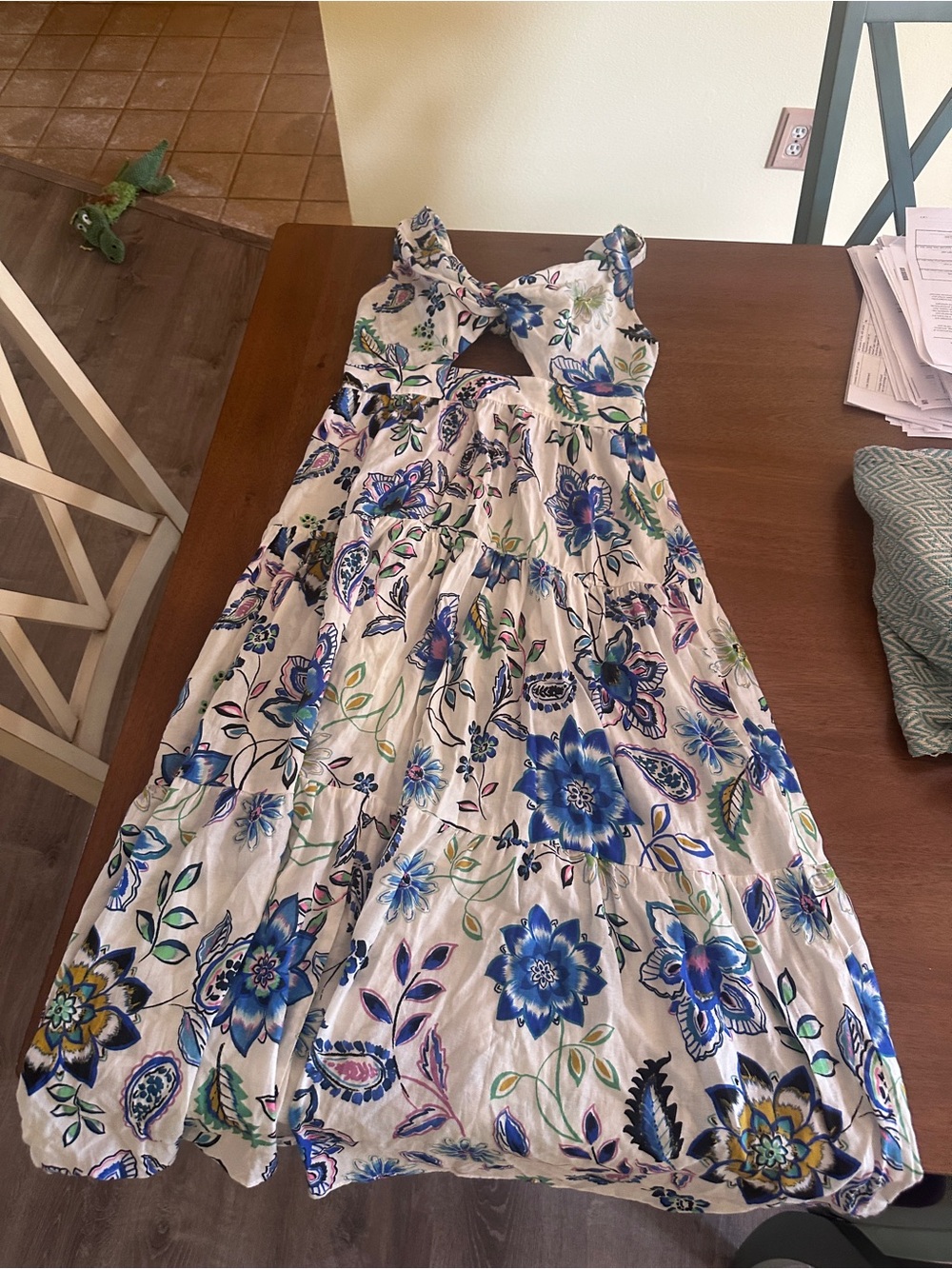 Zara White Maxi Dress with Blue & Green Floral Print